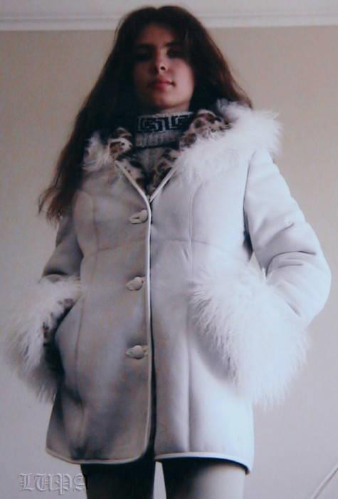 Snow Leopard - sheepskin white winter coat with lamb leopard print and fur